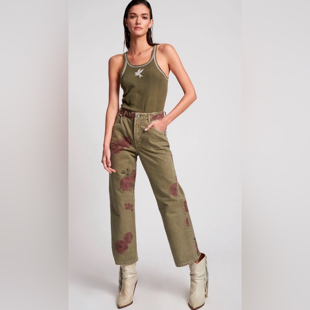 Olive Floral Wide Leg Jeans